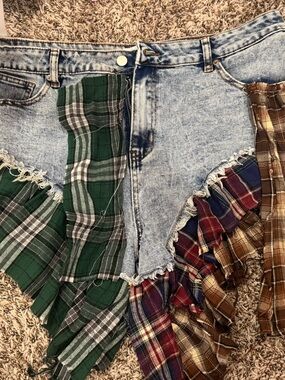 Patchwork Acid Wash Denim Mini Skirt with Plaid Ruffles